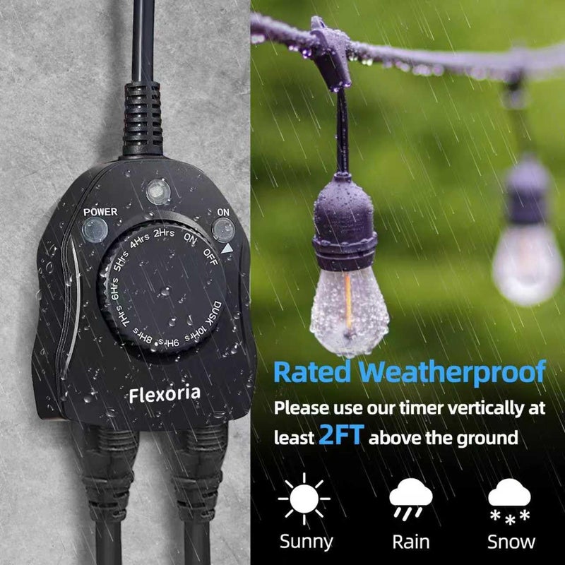 Flexoria Outdoor Timer Outlet Waterproof, Dusk to Dawn Light Sensor Timer, 2 Grounded Electrical Outlets for Christmas Lights, 15A/1875W, ETL Listed (1 Pack) - Image 3